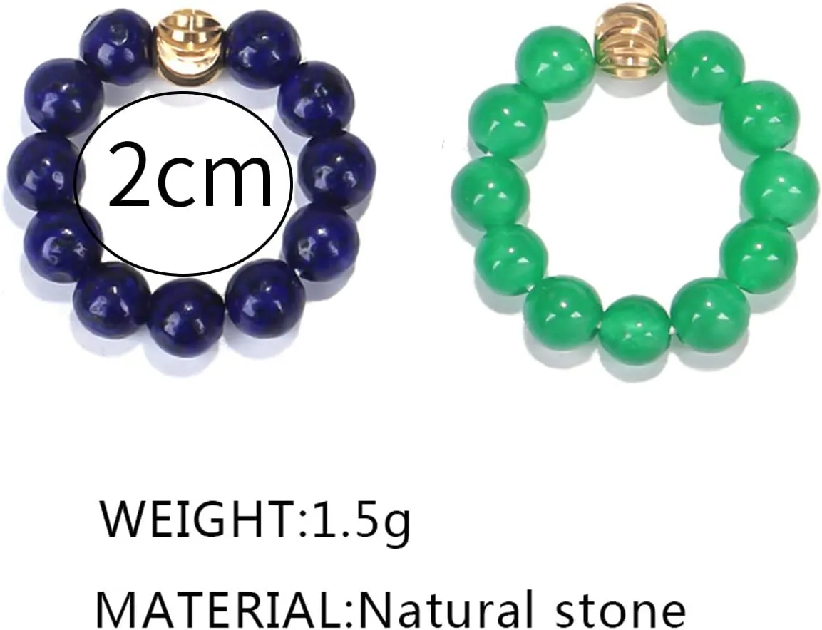 2Pcs Natural Gemstone Beads Elasticity Finger Rings Set,Couple 4mm Stone Copper Beads Elastic Rings,Cool Rings,Jewelry for Women Men
