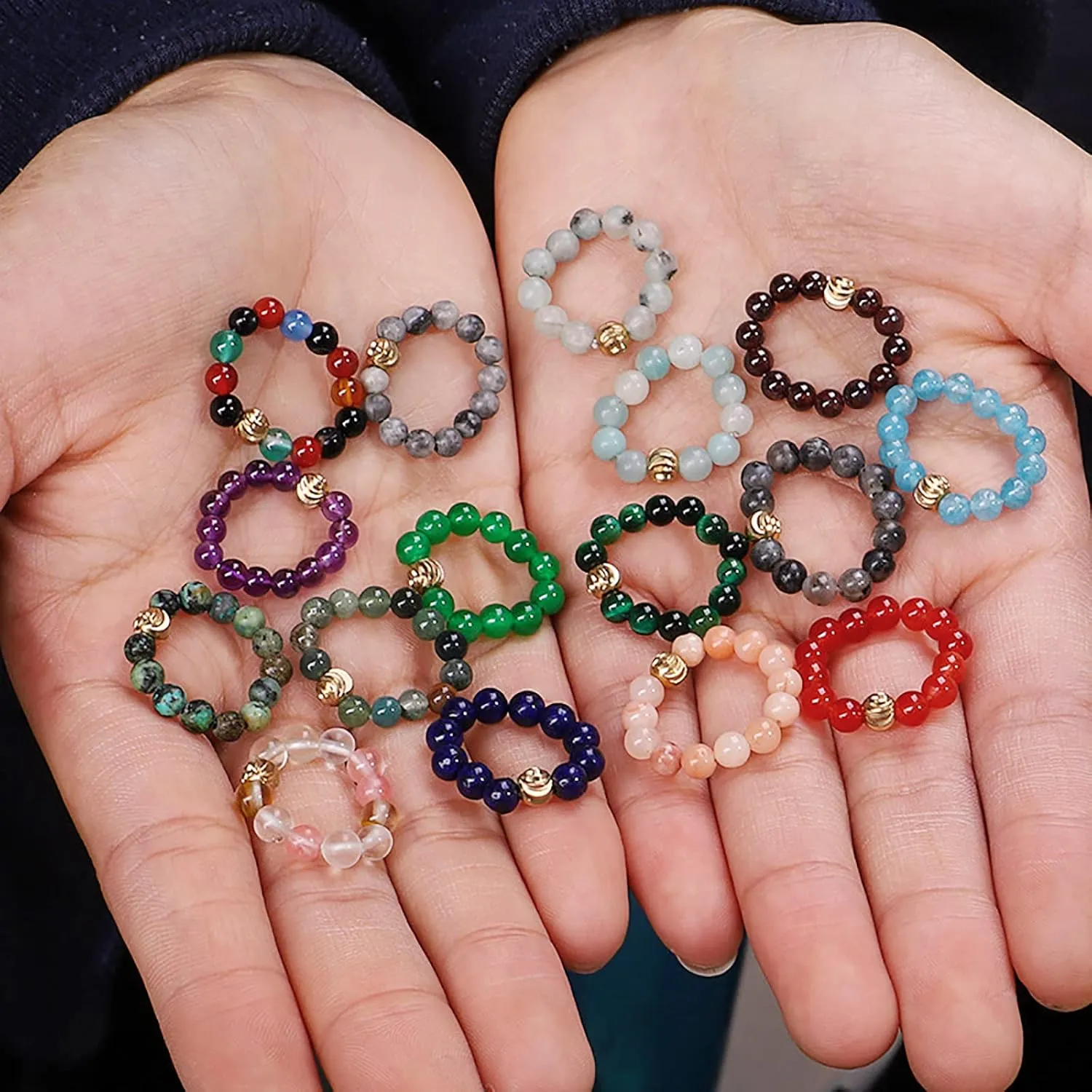2Pcs Natural Gemstone Beads Elasticity Finger Rings Set,Couple 4mm Stone Copper Beads Elastic Rings,Cool Rings,Jewelry for Women Men