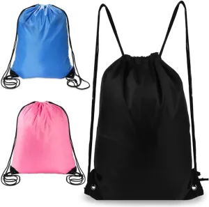 3-Pack Drawstring Backpacks - Polyester, Reinforced Corners for Sports, Gym, Travel, Beach (Black, Blue, Pink)
