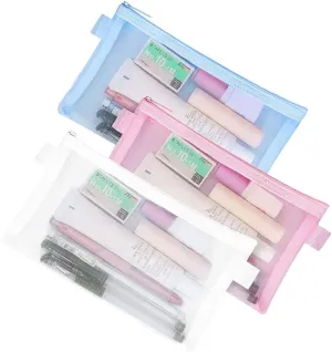 3 Pcs Mesh Pencil Cases See Through Pencil Pouches Transparent Pen Bags Mini Toiletry Pouches Travel Makeup Bags Small Cosmetic Organizers White Blue and Pink