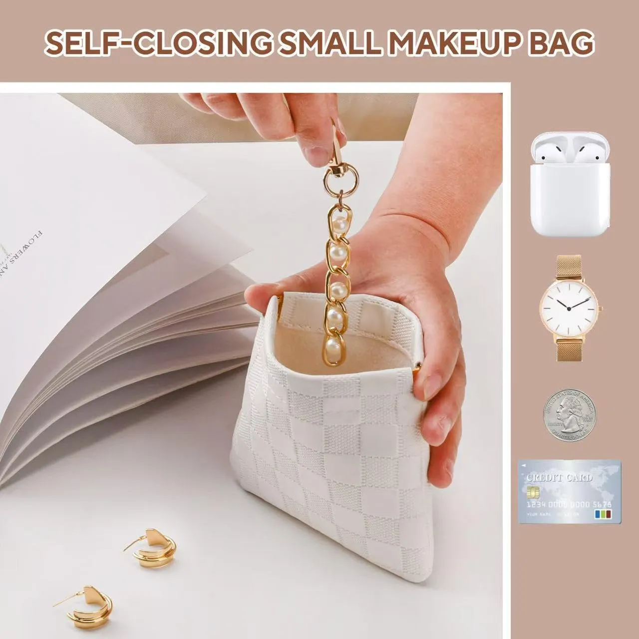 3PCS Small Makeup Bag for PurseWaterproof Leather Portable Mini Makeup Bag,Snap Closure Organizer Pouch for Coins Cards Jewelry Lipstick Cosmetic AccessoriesSmall Travel Kit Storage Pouch