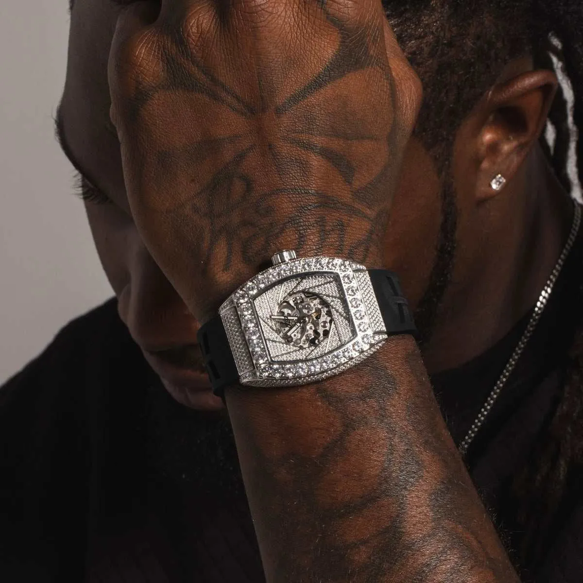 40MM Perennial Era® Auto Watch- Fully Iced w/ Rubber Strap
