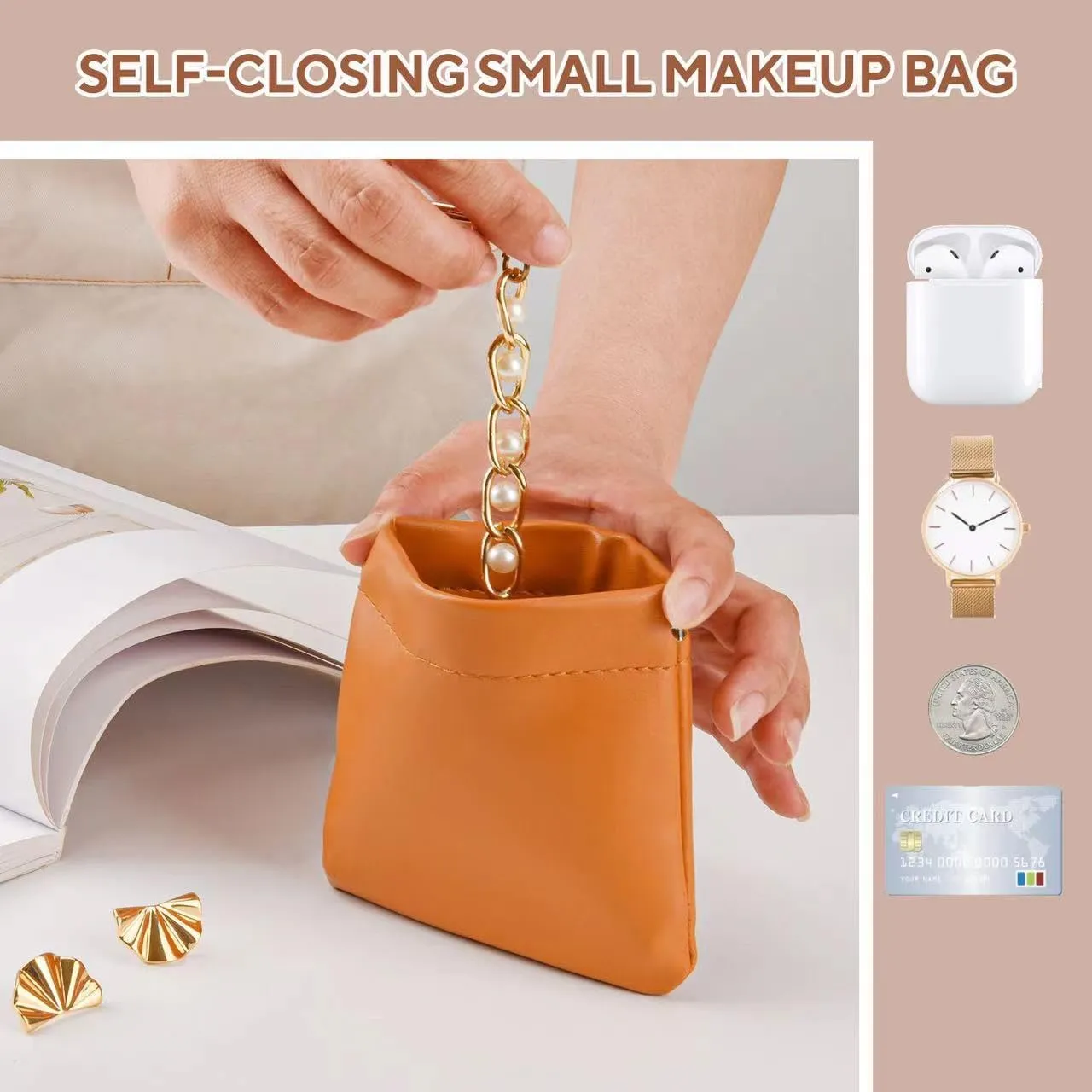4PCS Small Makeup Bag for PurseWaterproof Leather Portable Mini Makeup Bag,Snap Closure Organizer Pouch for Coins Cards Jewelry Lipstick Cosmetic AccessoriesSmall Travel Kit Storage Pouch