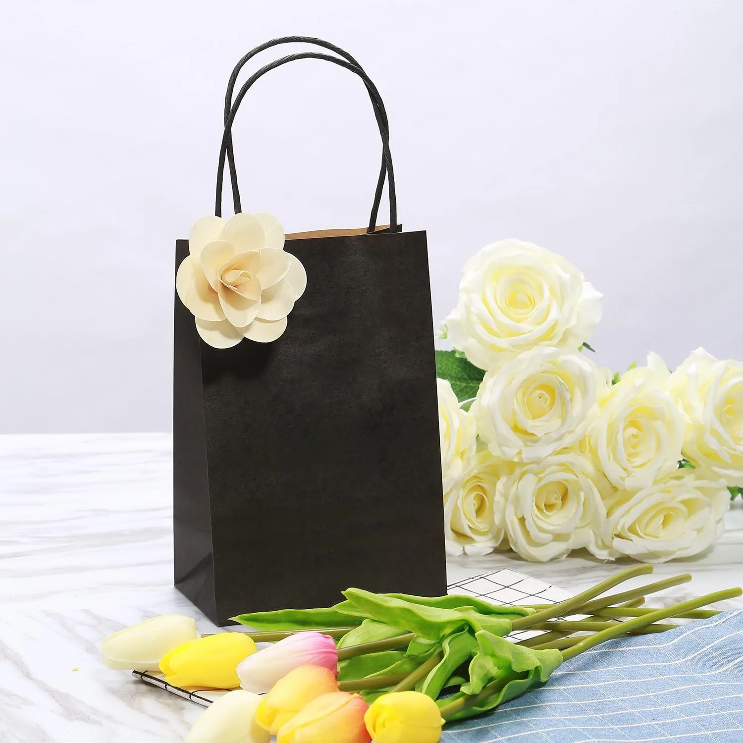 50 Pcs Gift Bags Small 5.25x3.25x8 Black Paper Bags With Handles Recycled Kraft Bag For Shopping, Business, Birthday, Party, Wedding, Retail, Easter, Mother's Day, Graduation