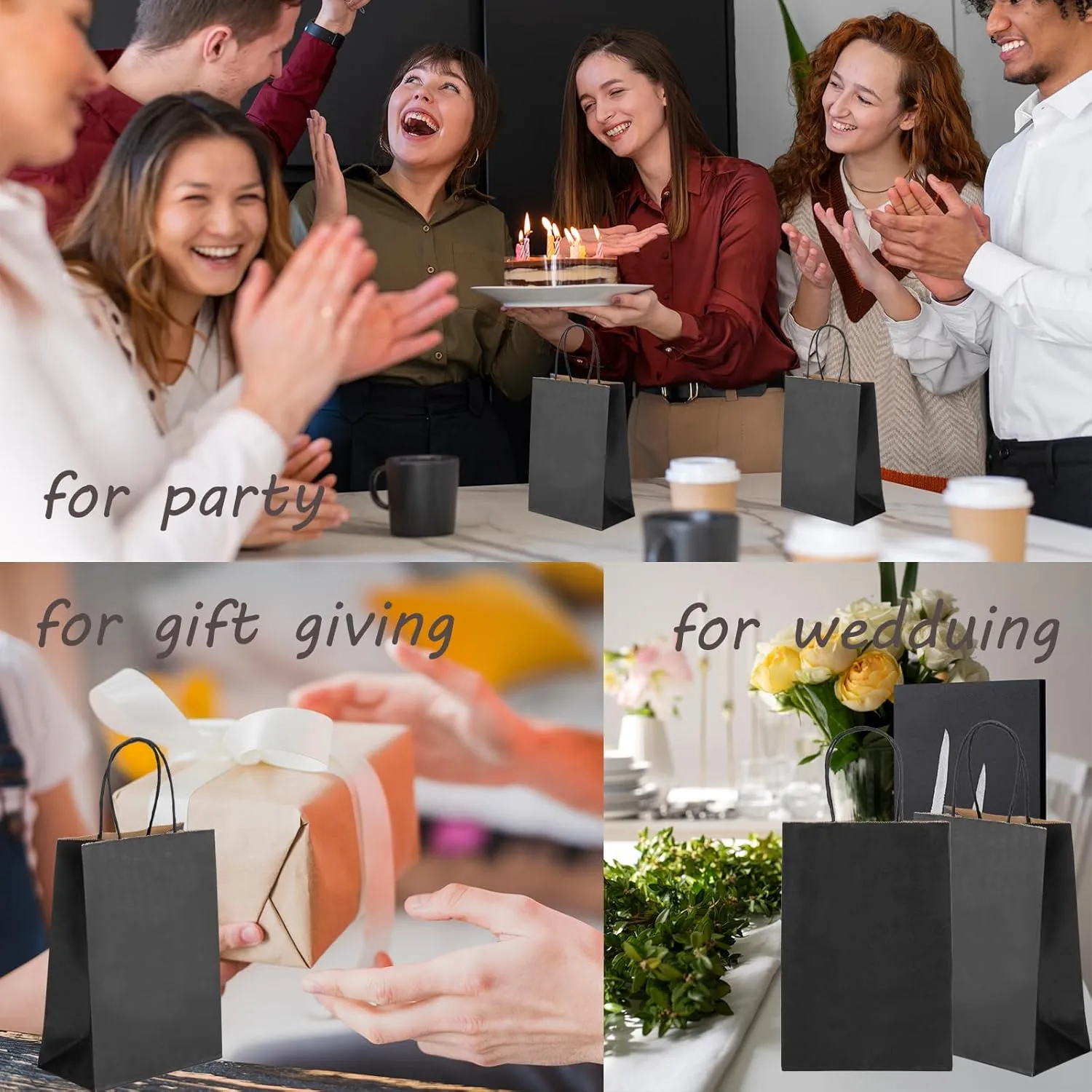 50 Pcs Gift Bags Small 5.25x3.25x8 Black Paper Bags With Handles Recycled Kraft Bag For Shopping, Business, Birthday, Party, Wedding, Retail, Easter, Mother's Day, Graduation