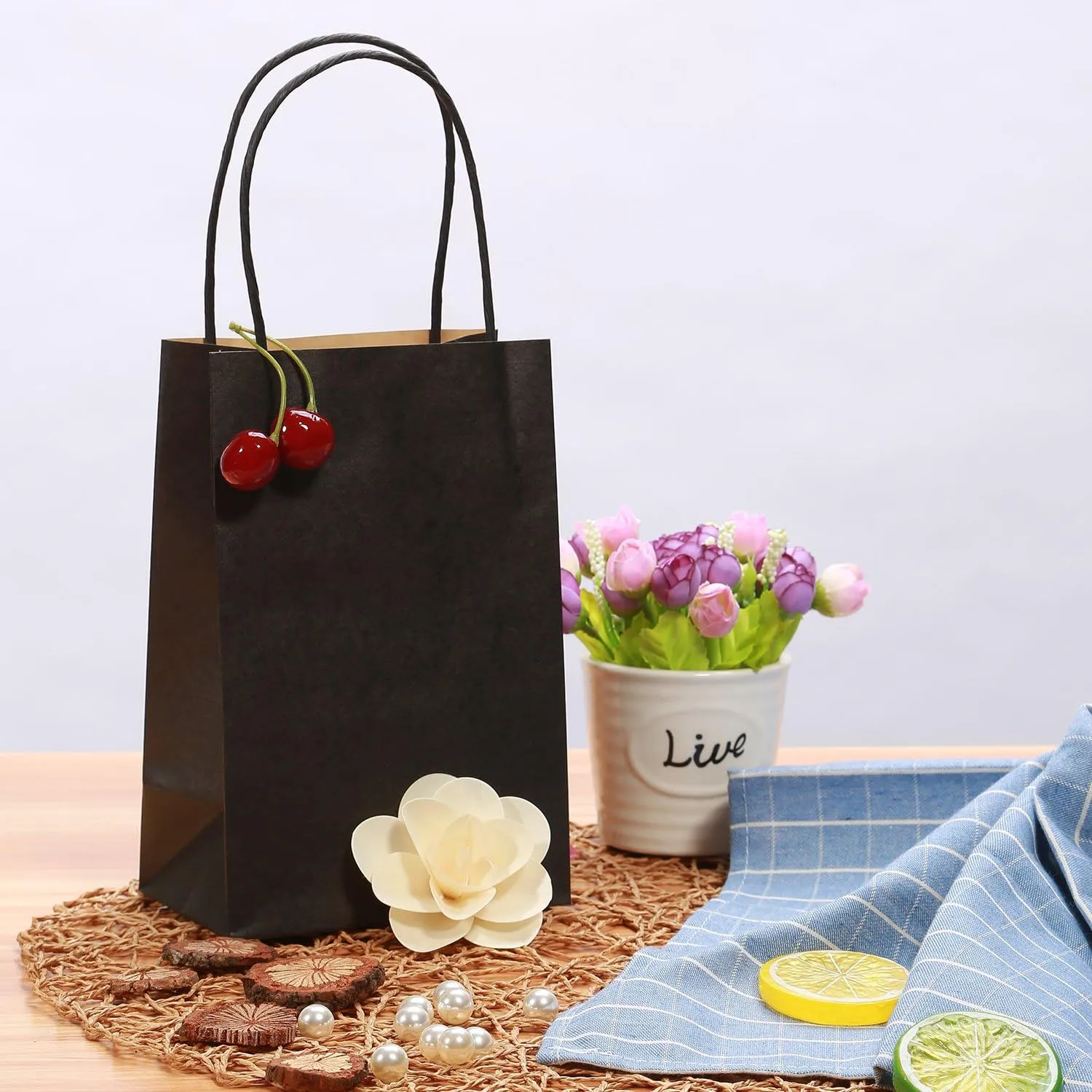 50 Pcs Gift Bags Small 5.25x3.25x8 Black Paper Bags With Handles Recycled Kraft Bag For Shopping, Business, Birthday, Party, Wedding, Retail, Easter, Mother's Day, Graduation