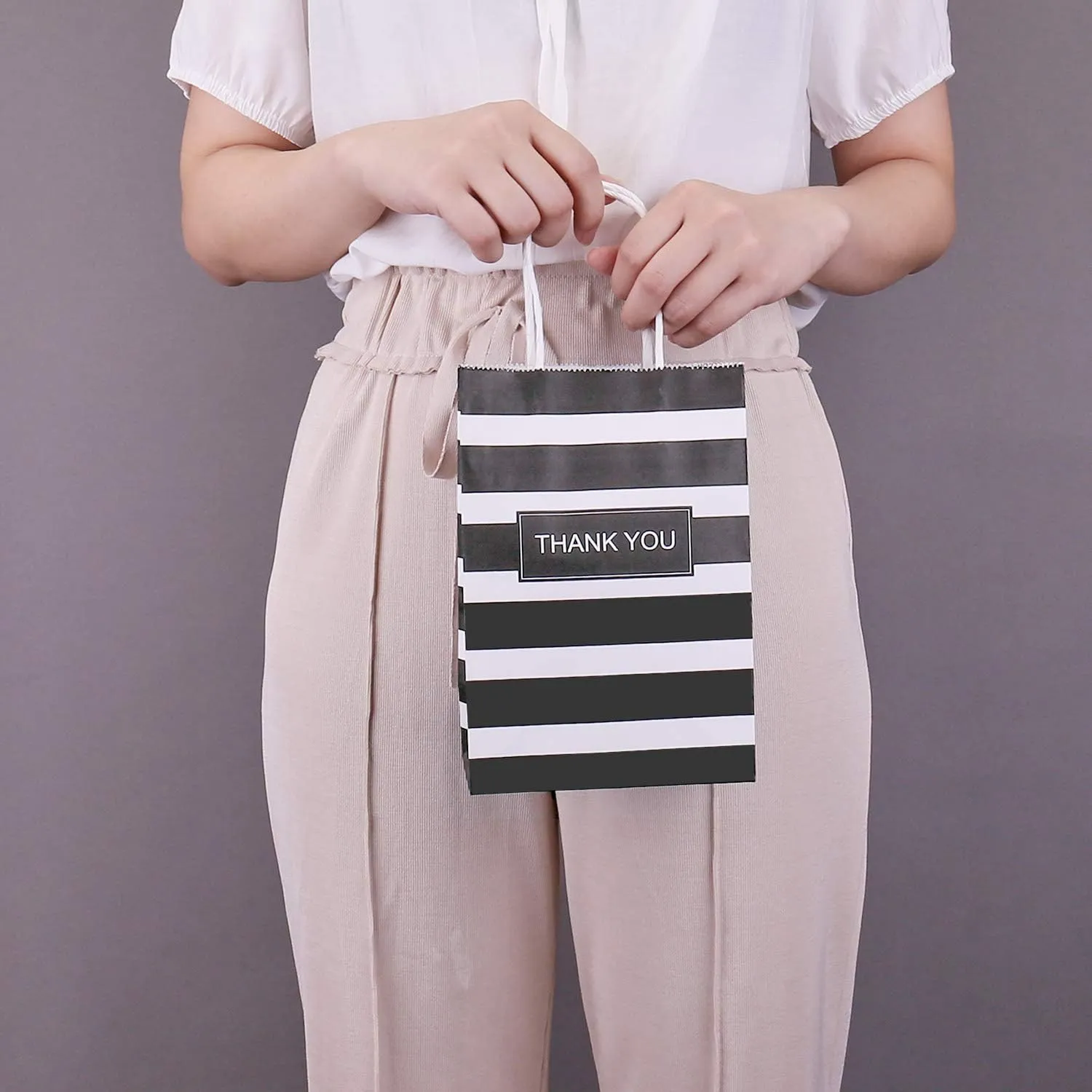 50pcs Gift Bags 5.25x3.25x8 Inches Small Thank You Bags Black And White Striped Paper Bag For Business, Birthday, Party, Goodie, Treat, Shopping, Father's Day, Graduation, Halloween