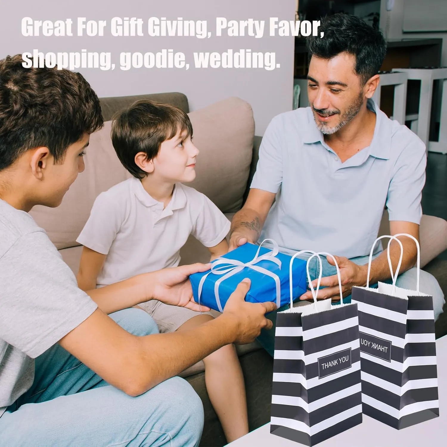 50pcs Gift Bags 5.25x3.25x8 Inches Small Thank You Bags Black And White Striped Paper Bag For Business, Birthday, Party, Goodie, Treat, Shopping, Father's Day, Graduation, Halloween