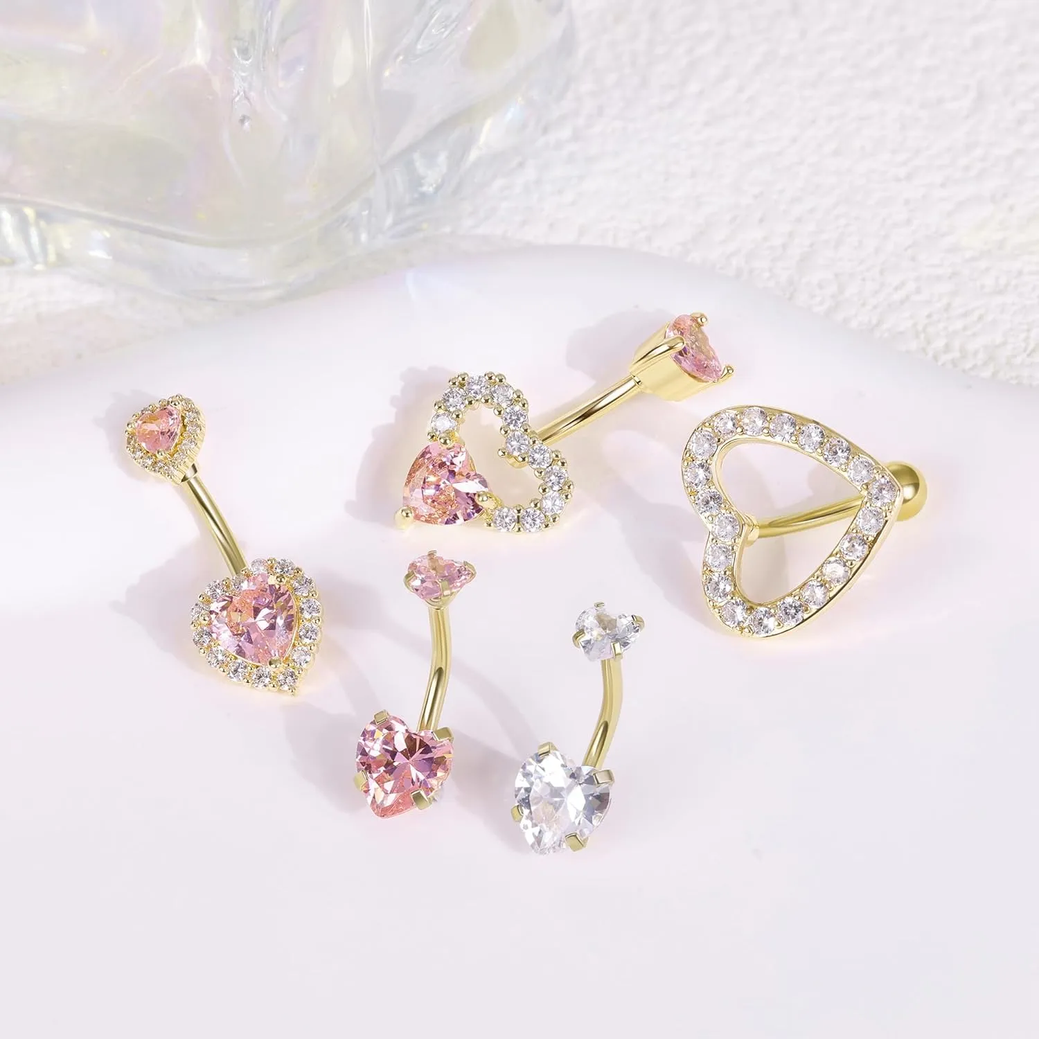 5Pcs 14G Surgical Steel Pink Heart Belly Button Rings for Women Girls Cute Belly Rings CZ Navel Ring Heart Belly Piercing Jewelry