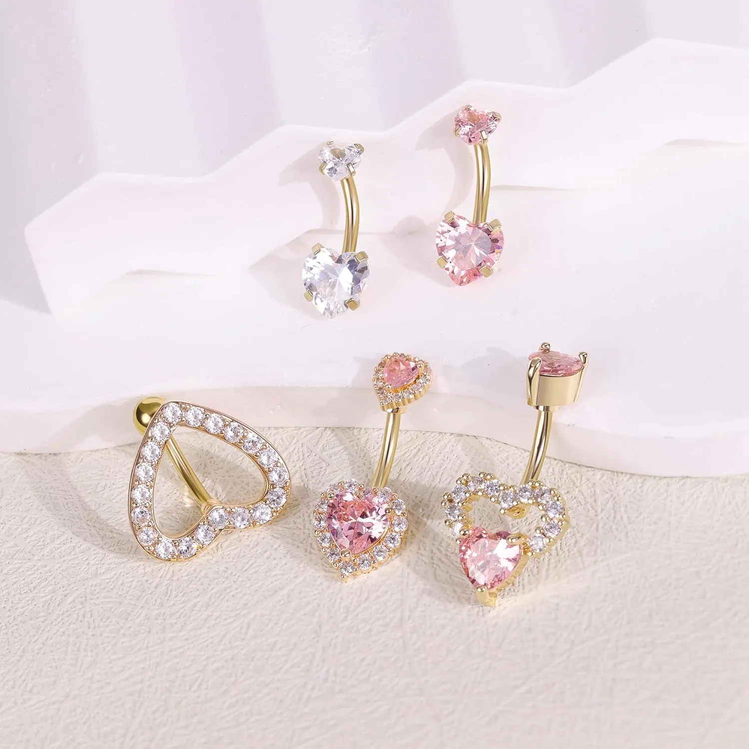 5Pcs 14G Surgical Steel Pink Heart Belly Button Rings for Women Girls Cute Belly Rings CZ Navel Ring Heart Belly Piercing Jewelry
