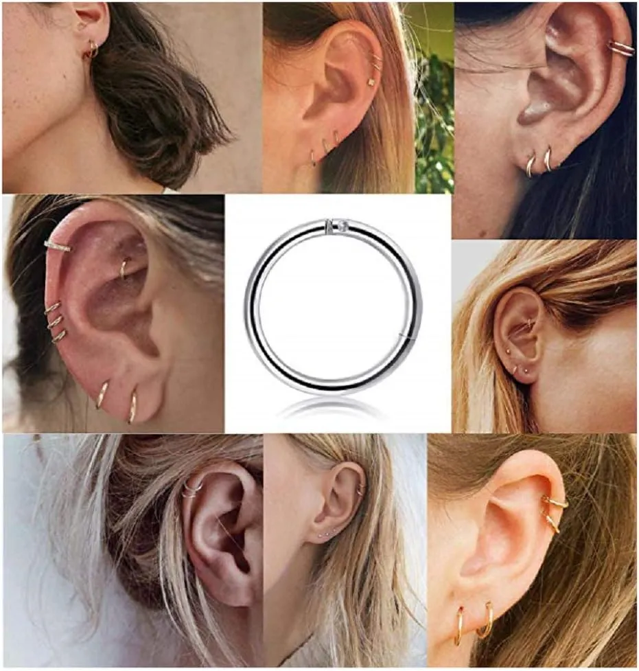5Pcs 18g Stainless Steel Tiny Sleeper Hoop Earrings for Women Teen Men Septum Hinged Clicker Daith Nose Ring Helix Cartilage Tragus Huggie Cuff Hoops Piercing Set 8mm 10mm