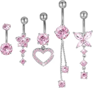 5pcs Long Belly Button Rings,Stainless Steel Diamond Belly Rings For Women,Pendant Navel piercing Jewelry with Butterfly 14G Silver Stainless Steel Dainty Dangly Dangling Belly Button Piercing