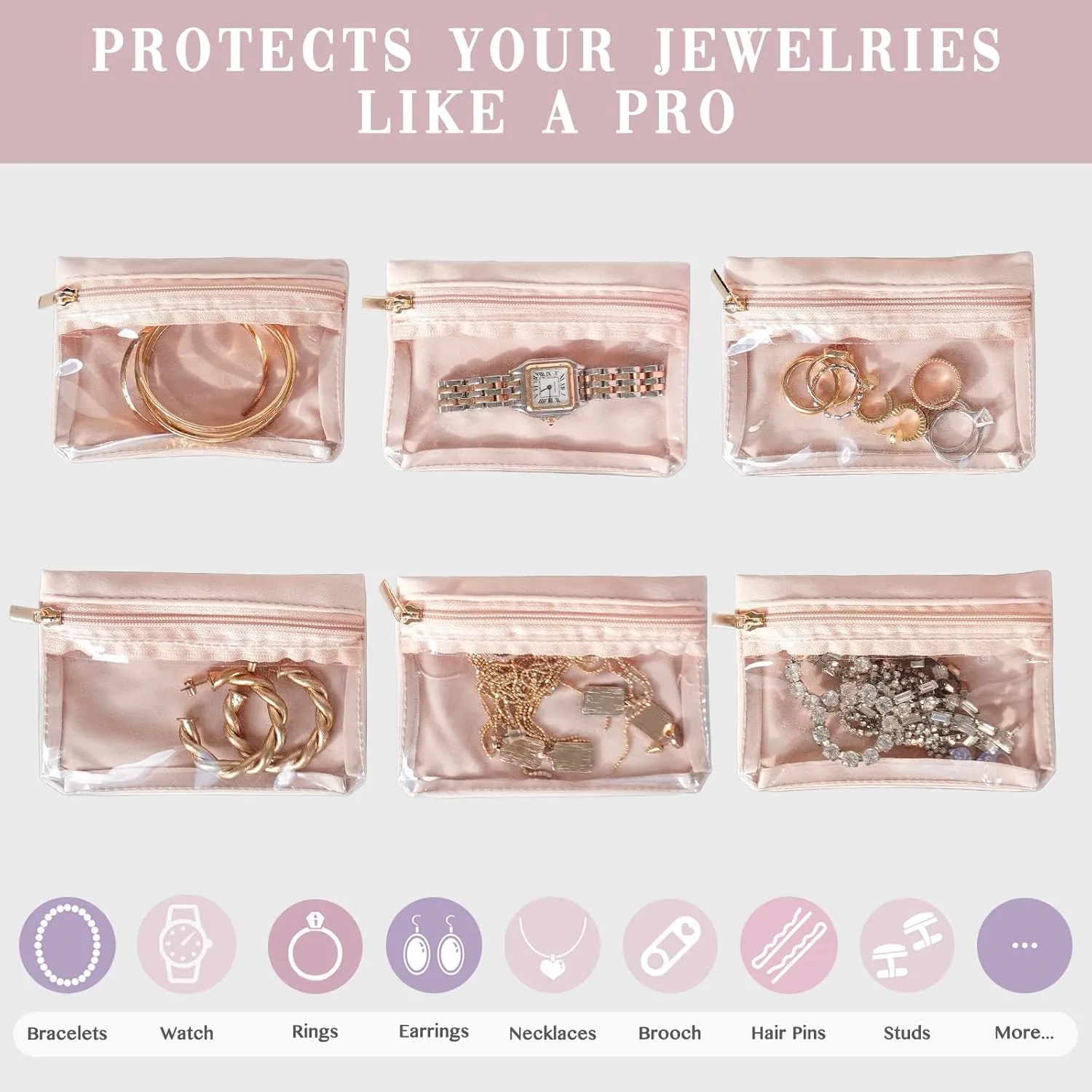 (6 PCS) Travel Jewelry Pouches, Small Travel Jewelry Bag Birthday, Velvet Zipper Pockets for Best Friend Mini Travel Essentials