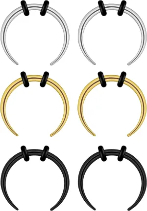 6pcs Septum Nose Rings, 16G Stainless Steel C Shape Horseshoes with Black O-Rings for Stretching Pierced Nose Ear Cartilage