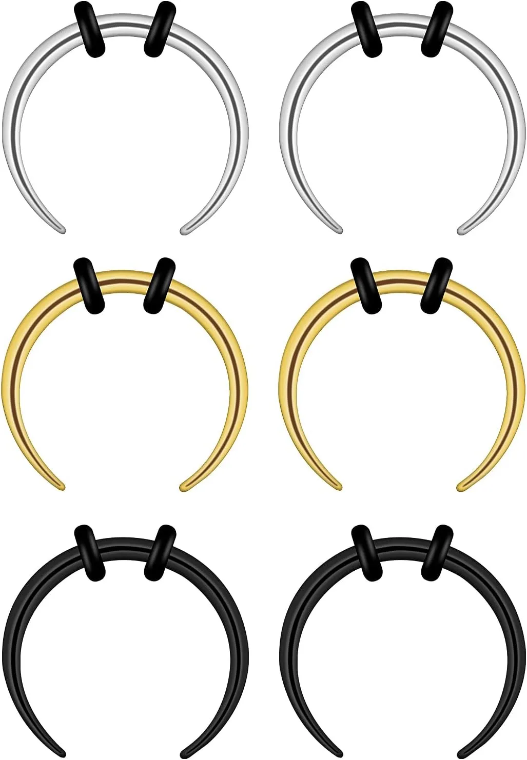 6pcs Septum Nose Rings, 16G Stainless Steel C Shape Horseshoes with Black O-Rings for Stretching Pierced Nose Ear Cartilage