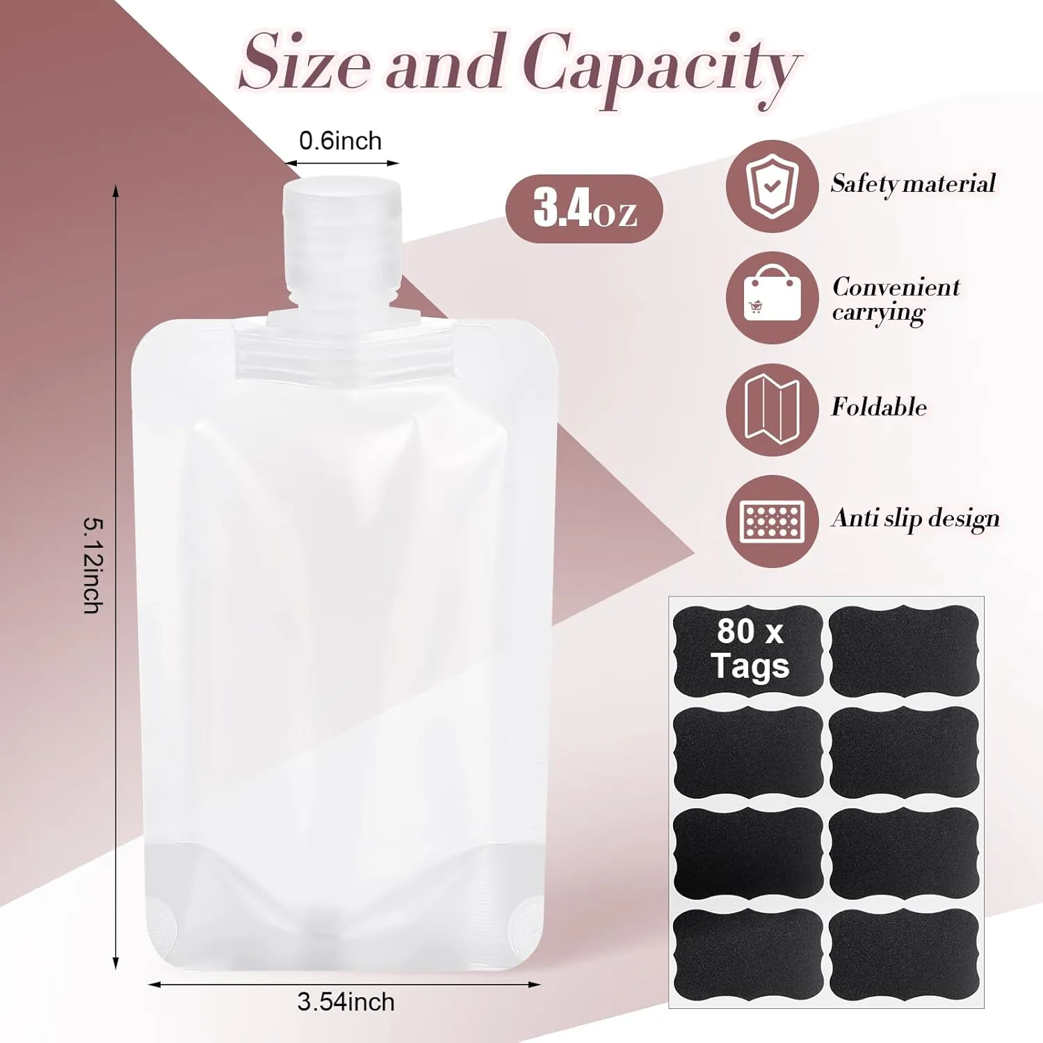 72 Pcs Travel Pouches for Toiletries Bulk Leakproof Refillable Travel Size Containers TSA Approved Squeeze Empty Pouches Containers for Shampoo Conditioner Lotion Soap Liquids (100 ml)
