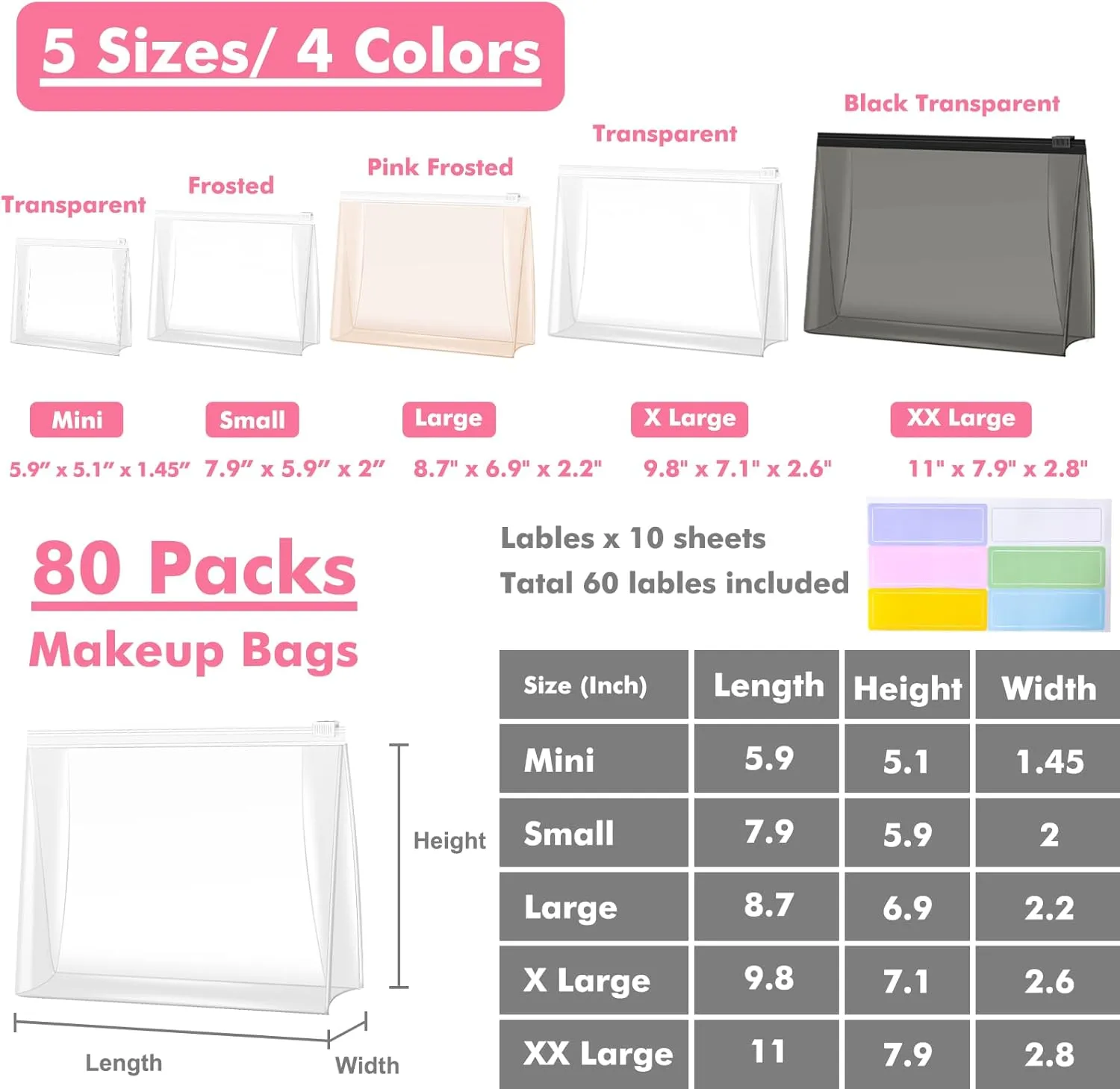 80 Pack Mini Clear Makeup Bag Organizer Pouches Cosmetic Zipper Pouch Small Travel Pouches for Toiletries Transparent EVA Reusable Wash Bags Bulk Waterproof Plastic Clear Gift Bags, Frosted, 5.9
