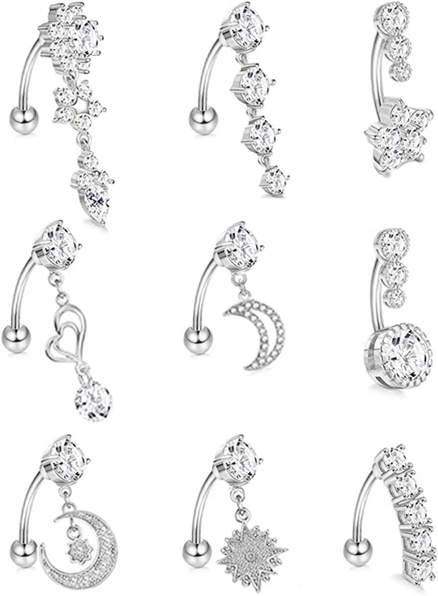 9Pcs 14G Stainless Steel Dangle Belly Rings for Women Reverse Navel Rings Curved Barbell Body Piercing Jewelry