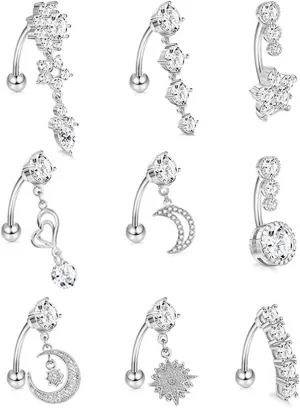 9Pcs 14G Stainless Steel Dangle Belly Rings for Women Reverse Navel Rings Curved Barbell Body Piercing Jewelry