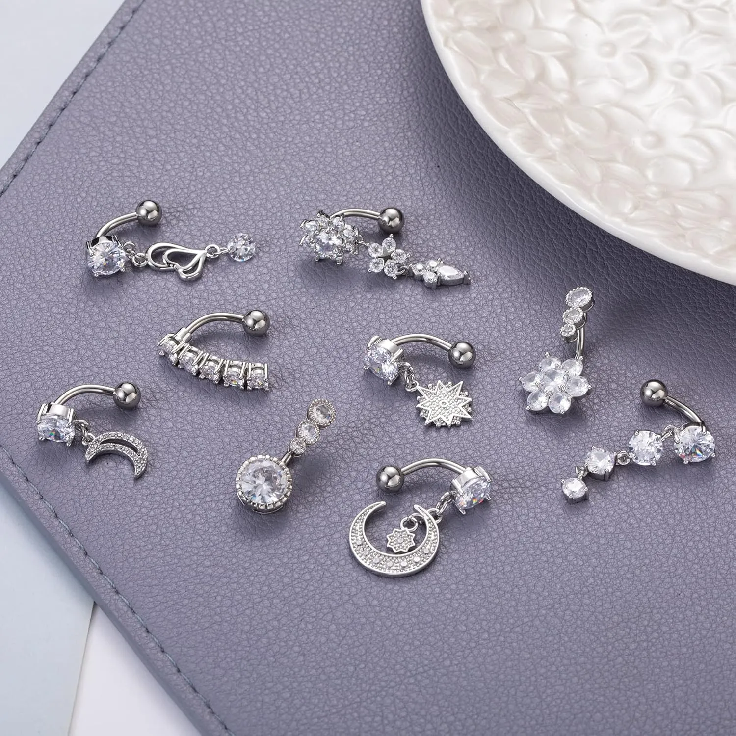 9Pcs 14G Stainless Steel Dangle Belly Rings for Women Reverse Navel Rings Curved Barbell Body Piercing Jewelry