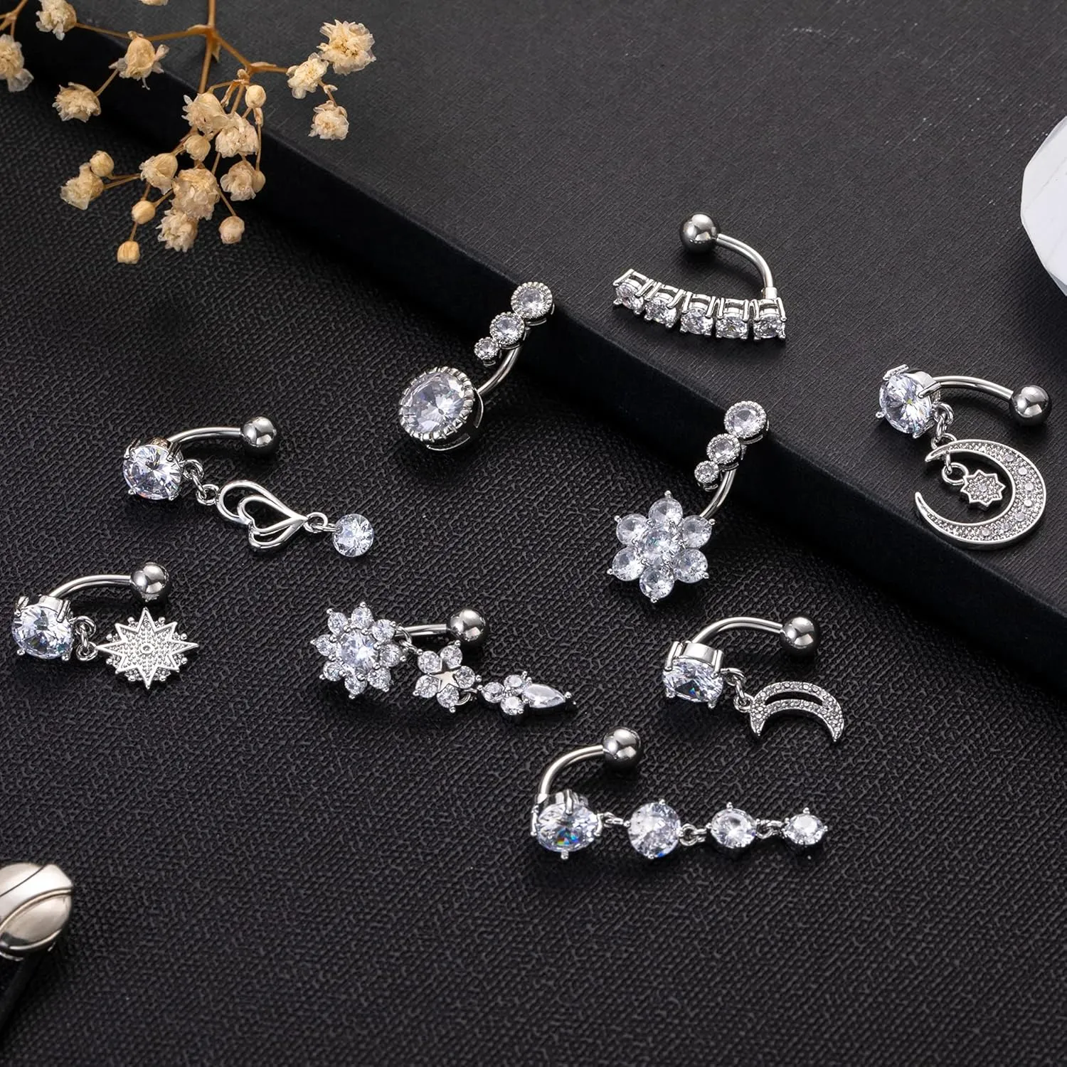 9Pcs 14G Stainless Steel Dangle Belly Rings for Women Reverse Navel Rings Curved Barbell Body Piercing Jewelry