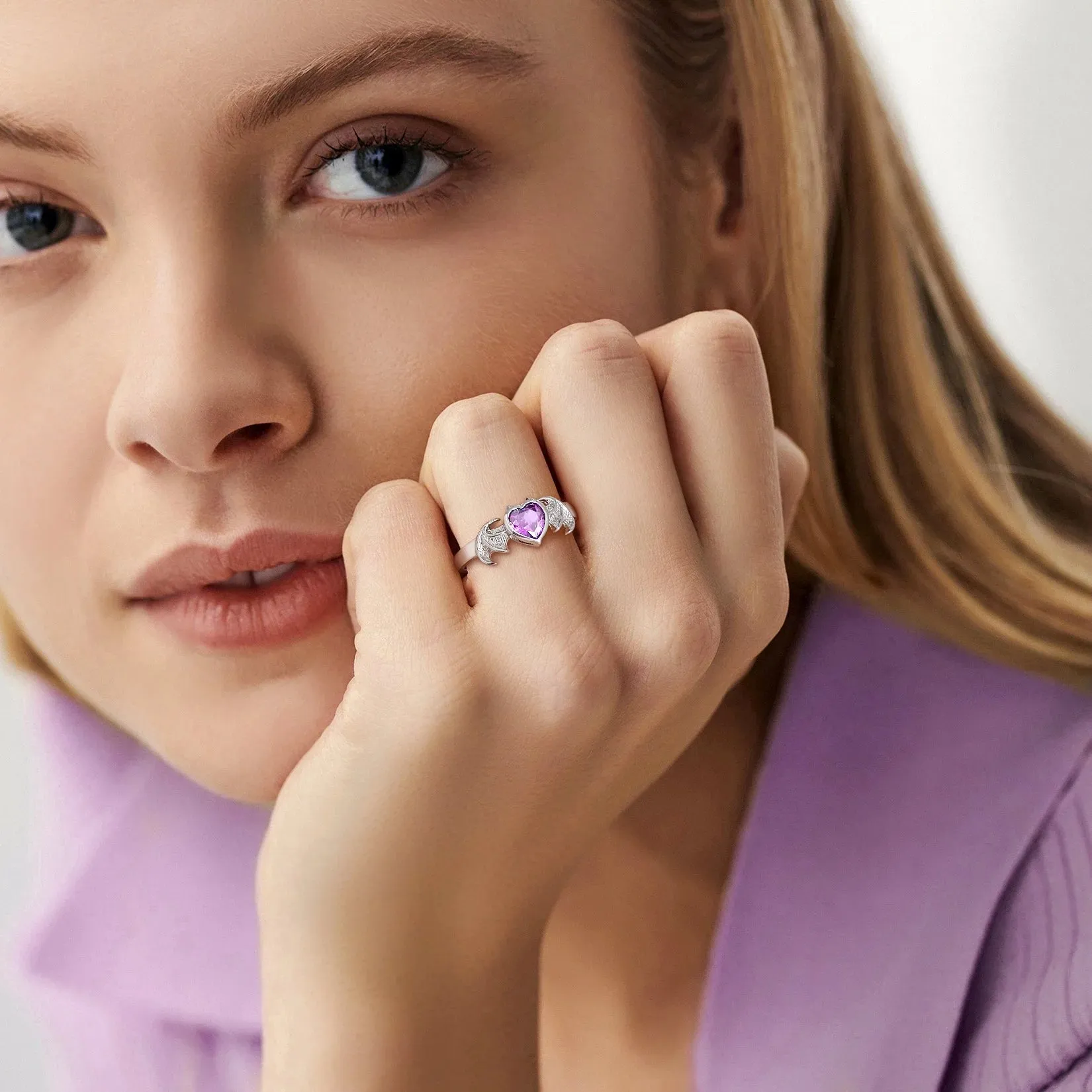 Adjustable 925 Silver Heart Bat Wing Promise Rings - Perfect June Birthstone Gift for Women This Valentine's Day