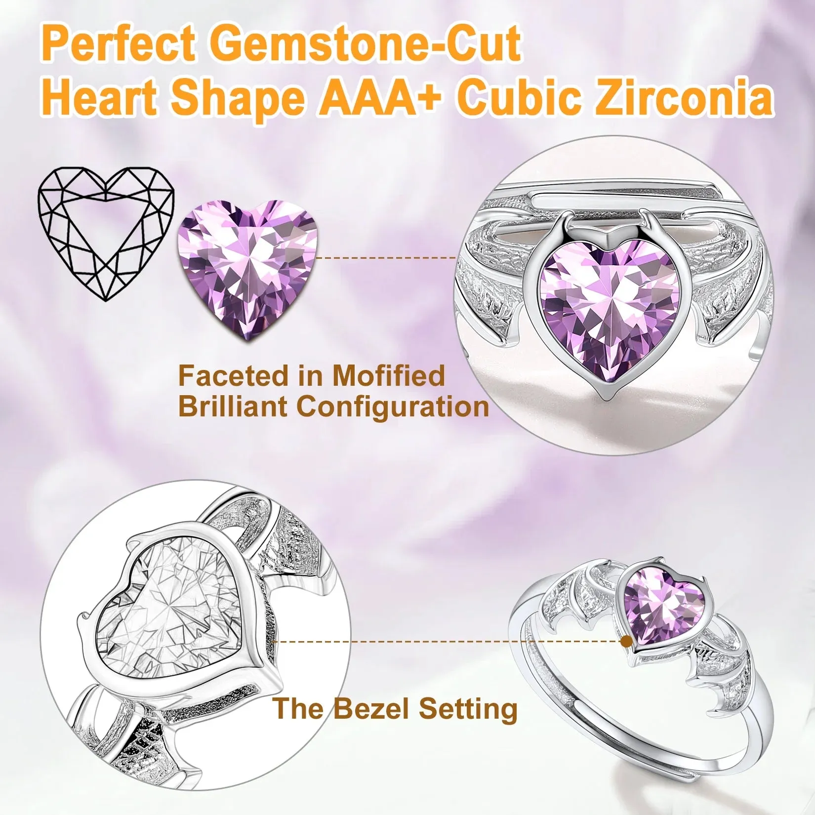 Adjustable 925 Silver Heart Bat Wing Promise Rings - Perfect June Birthstone Gift for Women This Valentine's Day