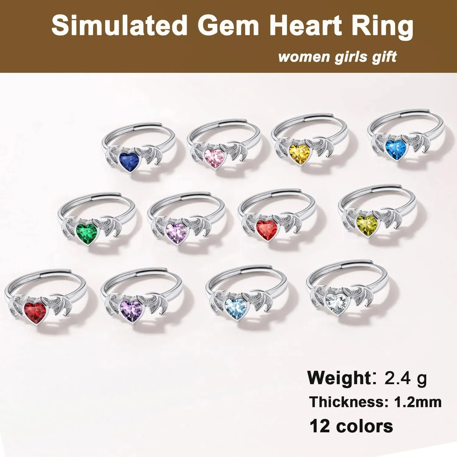 Adjustable 925 Silver Heart Bat Wing Promise Rings - Perfect June Birthstone Gift for Women This Valentine's Day