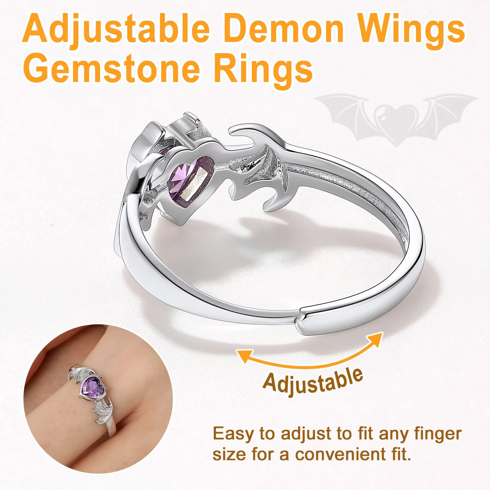 Adjustable 925 Silver Heart Bat Wing Promise Rings - Perfect June Birthstone Gift for Women This Valentine's Day