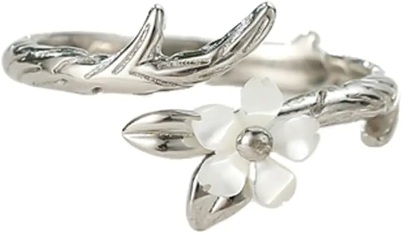 Adjustable Rings for Men and Women, Promise Rings for Couples Silver with Silver Bamboo and Cute Flower Couple Adjustable Band Jewelry Gift