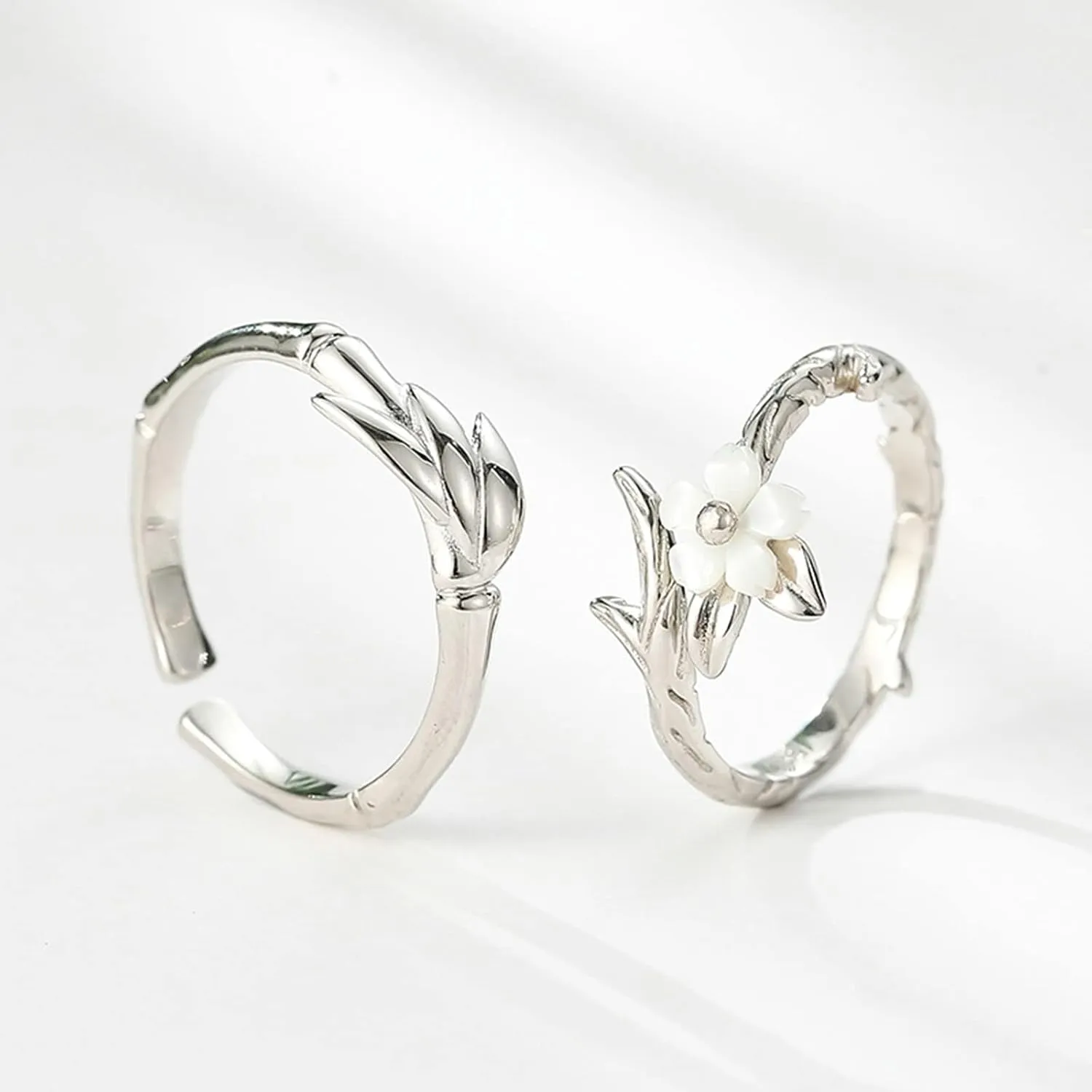 Adjustable Rings for Men and Women, Promise Rings for Couples Silver with Silver Bamboo and Cute Flower Couple Adjustable Band Jewelry Gift