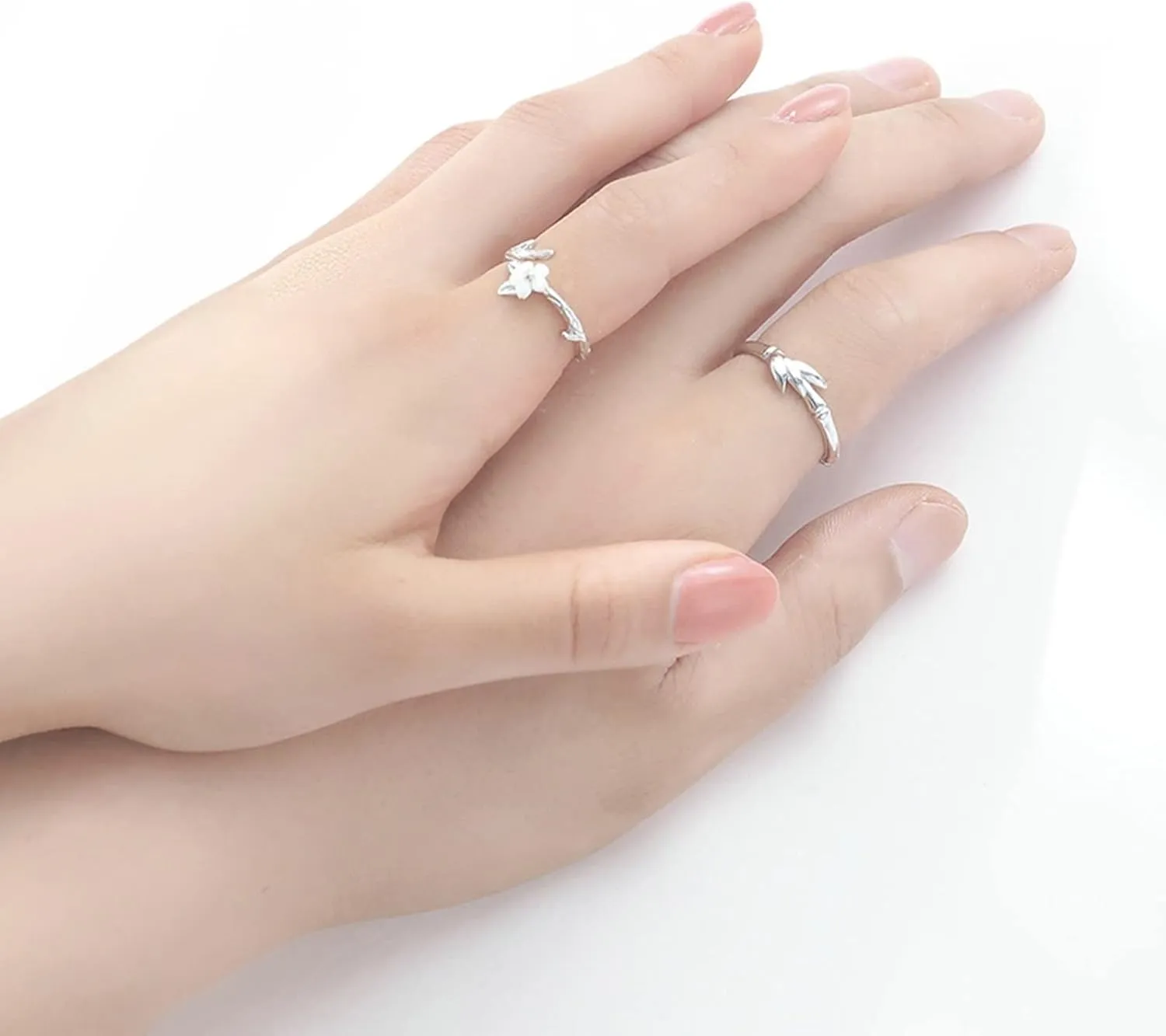 Adjustable Rings for Men and Women, Promise Rings for Couples Silver with Silver Bamboo and Cute Flower Couple Adjustable Band Jewelry Gift
