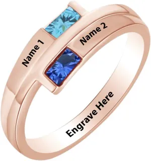 AFFY Personalize Simulated Two Birthstone Engrave Couple Engagement Promise Ring 14k Gold Over Sterling Silver