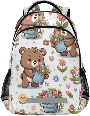 ALAZA Bear Cartoon Flower Bucket Backpack Girls Kids Backpacks Boys School Bookbag 3rd 4th 5th Grade Casual Daypack Laptop Shoulder Bag with Chest Strap