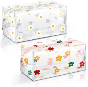 Amylove 2 Pack Cute Flower Makeup Bags Daisy Zipper Pouches Floral Pencil Pouch Portable Toiletry Pouches for Women Travel Vacation Bathroom School Organizing(Daisy)