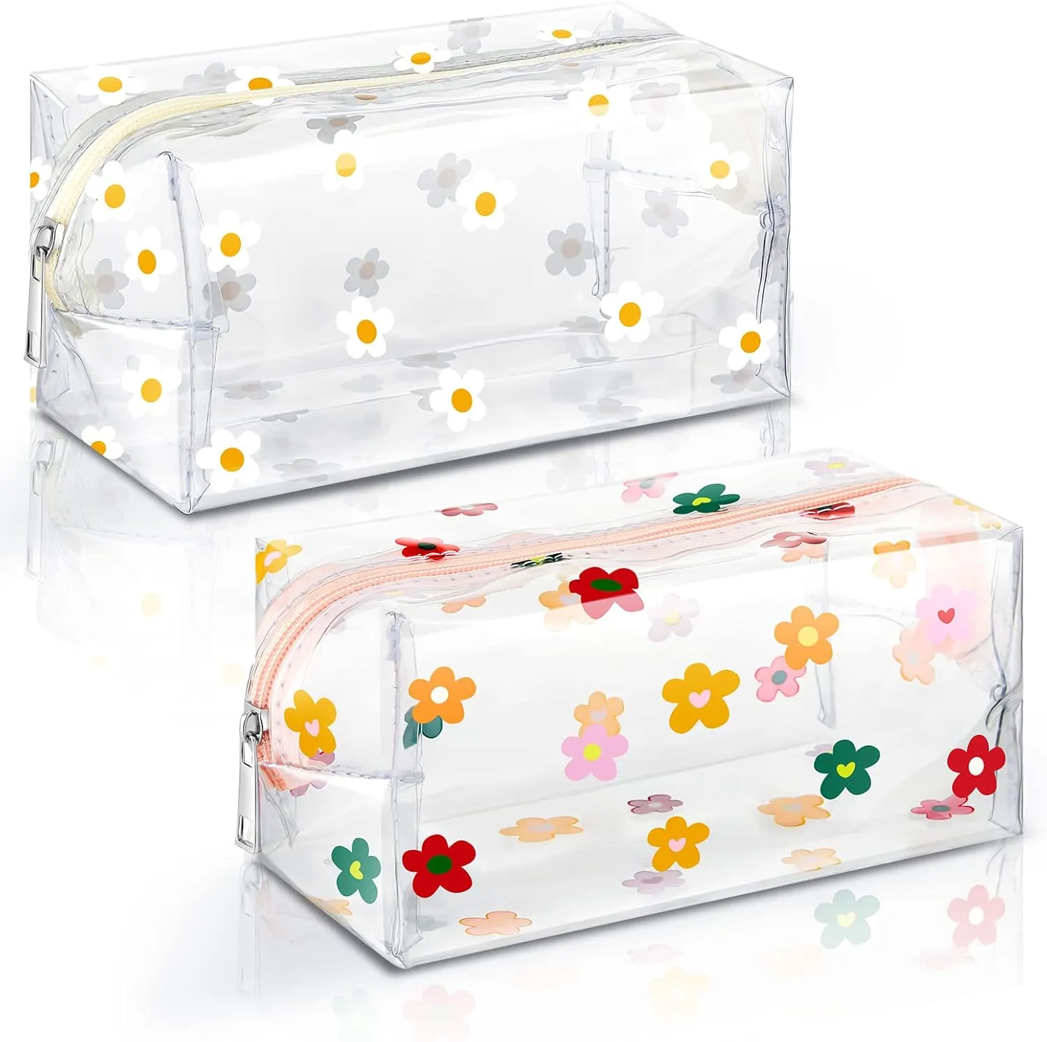 Amylove 2 Pack Cute Flower Makeup Bags Daisy Zipper Pouches Floral Pencil Pouch Portable Toiletry Pouches for Women Travel Vacation Bathroom School Organizing(Daisy)