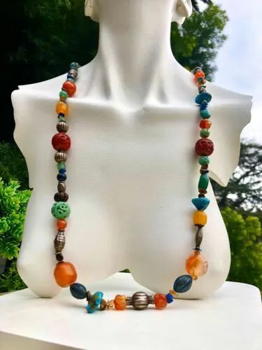 Artisan Carnelian Multicolor Stone Cinnabar Tigers eye Turquoise Bead Necklace