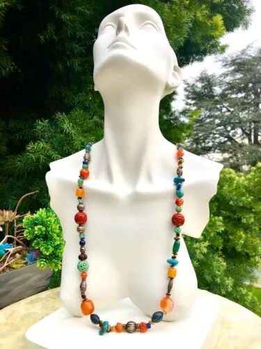 Artisan Carnelian Multicolor Stone Cinnabar Tigers eye Turquoise Bead Necklace