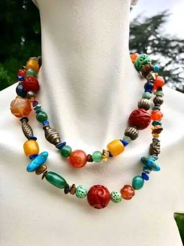Artisan Carnelian Multicolor Stone Cinnabar Tigers eye Turquoise Bead Necklace