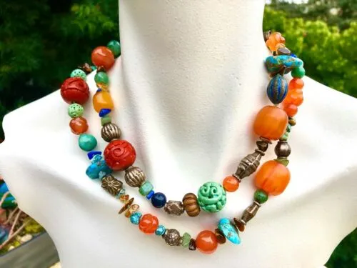 Artisan Carnelian Multicolor Stone Cinnabar Tigers eye Turquoise Bead Necklace
