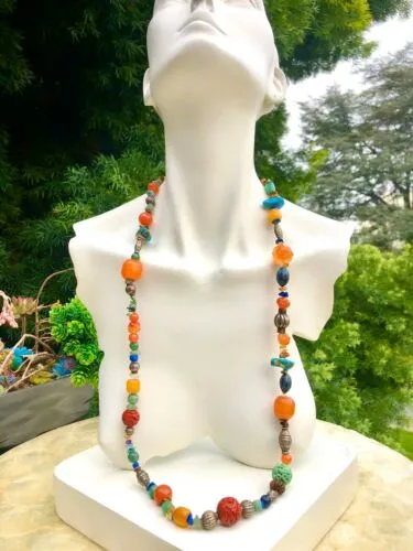 Artisan Carnelian Multicolor Stone Cinnabar Tigers eye Turquoise Bead Necklace