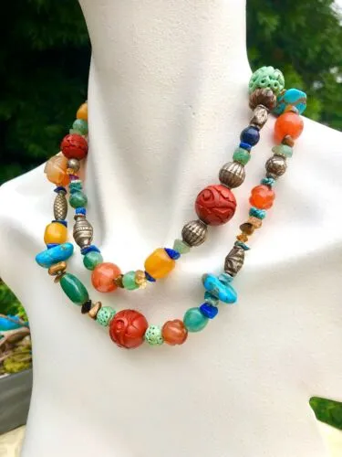 Artisan Carnelian Multicolor Stone Cinnabar Tigers eye Turquoise Bead Necklace