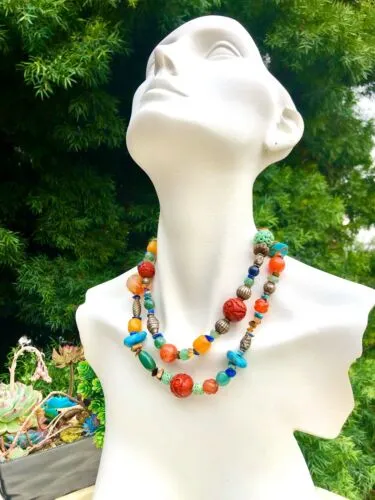 Artisan Carnelian Multicolor Stone Cinnabar Tigers eye Turquoise Bead Necklace
