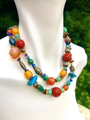 Artisan Carnelian Multicolor Stone Cinnabar Tigers eye Turquoise Bead Necklace