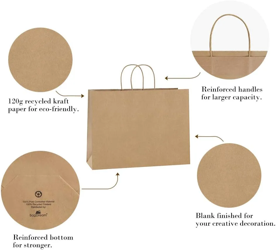BagDream 25Pcs 16x6x12 Inches Kraft Paper Bags with Handles Bulk, Recycled Large Brown Paper Gift Bags for Shopping, Retail, Grocery, Merchandise, Party Gifts