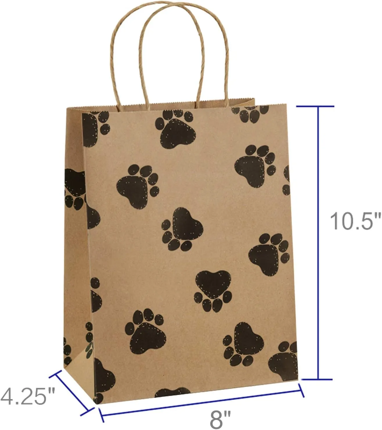 BagDream Brown Gift Bags 8x4.25x10.5 25Pcs Kraft Paper Gift Bags with Handles, Paw Prints Paper Sacks for Animal Party Favor, Retail, Grocery, Dog's Puppy's Paw