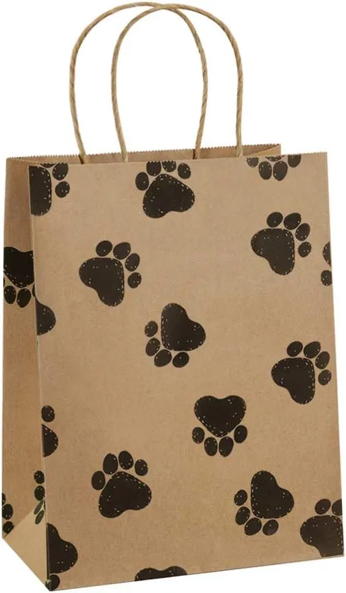 BagDream Brown Gift Bags 8x4.25x10.5 25Pcs Kraft Paper Gift Bags with Handles, Paw Prints Paper Sacks for Animal Party Favor, Retail, Grocery, Dog's Puppy's Paw