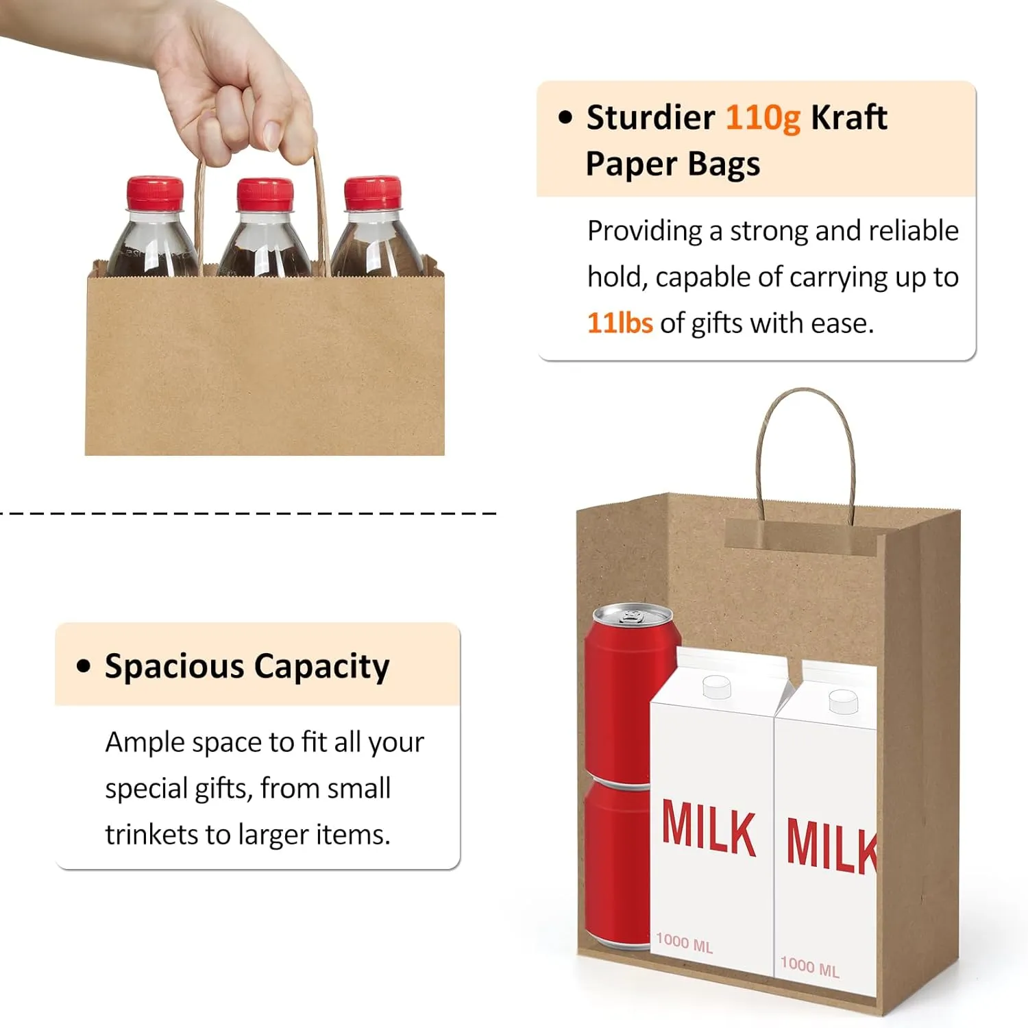 BagDream Gift Bags 10x5x13 50Pcs Brown Kraft Paper With Handles - Merchandise, Retail, Party Favor, Shopping Bulk 100% Recycled Paper Sacks