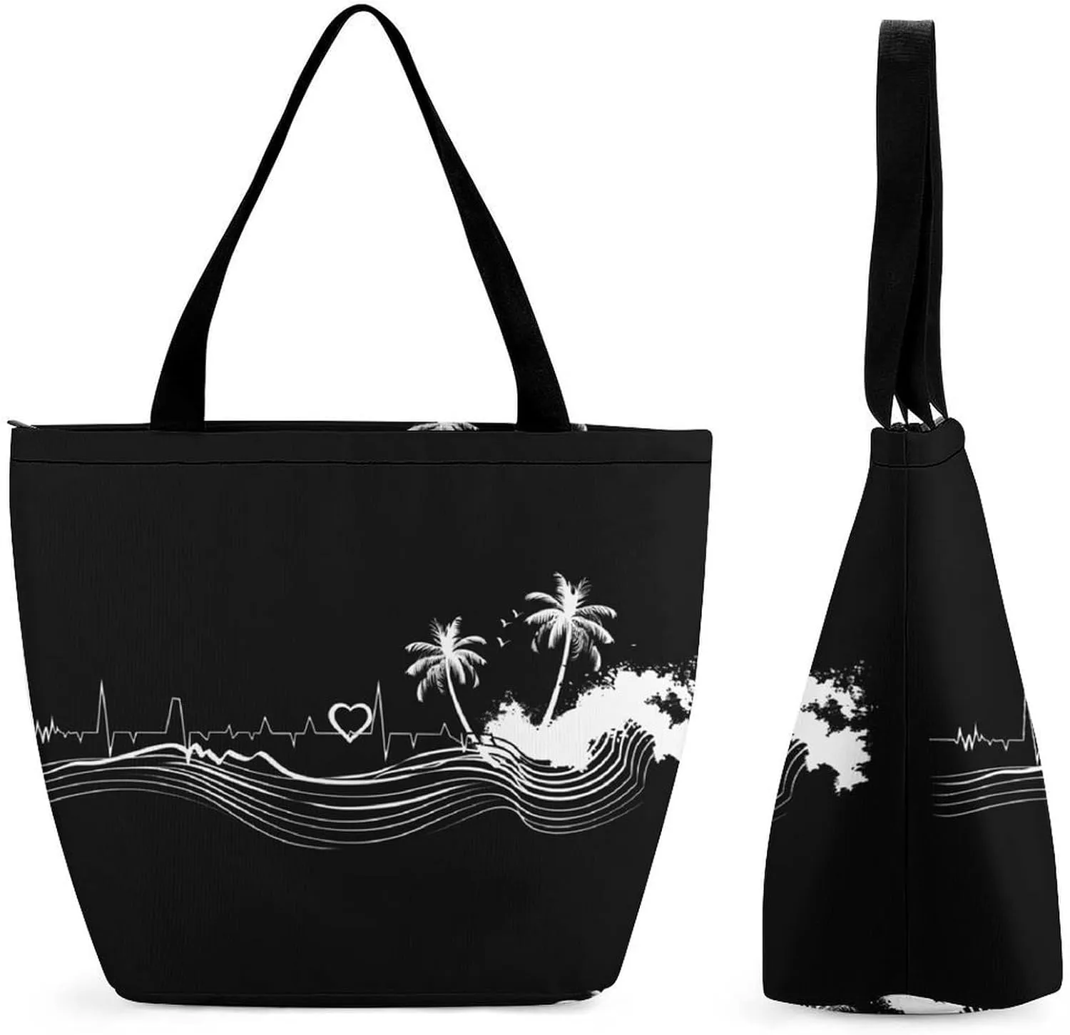 _Beach Heartbeat Tote Bag for Women Reusable Beach Shoulder Bag Lightweight Grocery Bags Travel Handbag