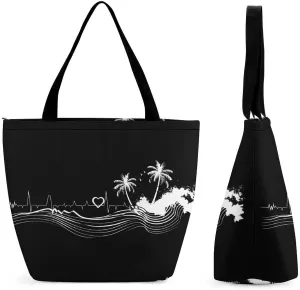 _Beach Heartbeat Tote Bag for Women Reusable Beach Shoulder Bag Lightweight Grocery Bags Travel Handbag
